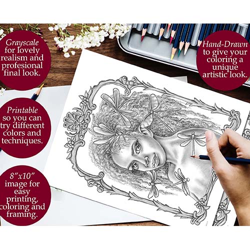 Woman with dragonflies printable coloring page â artistry by lisa marie