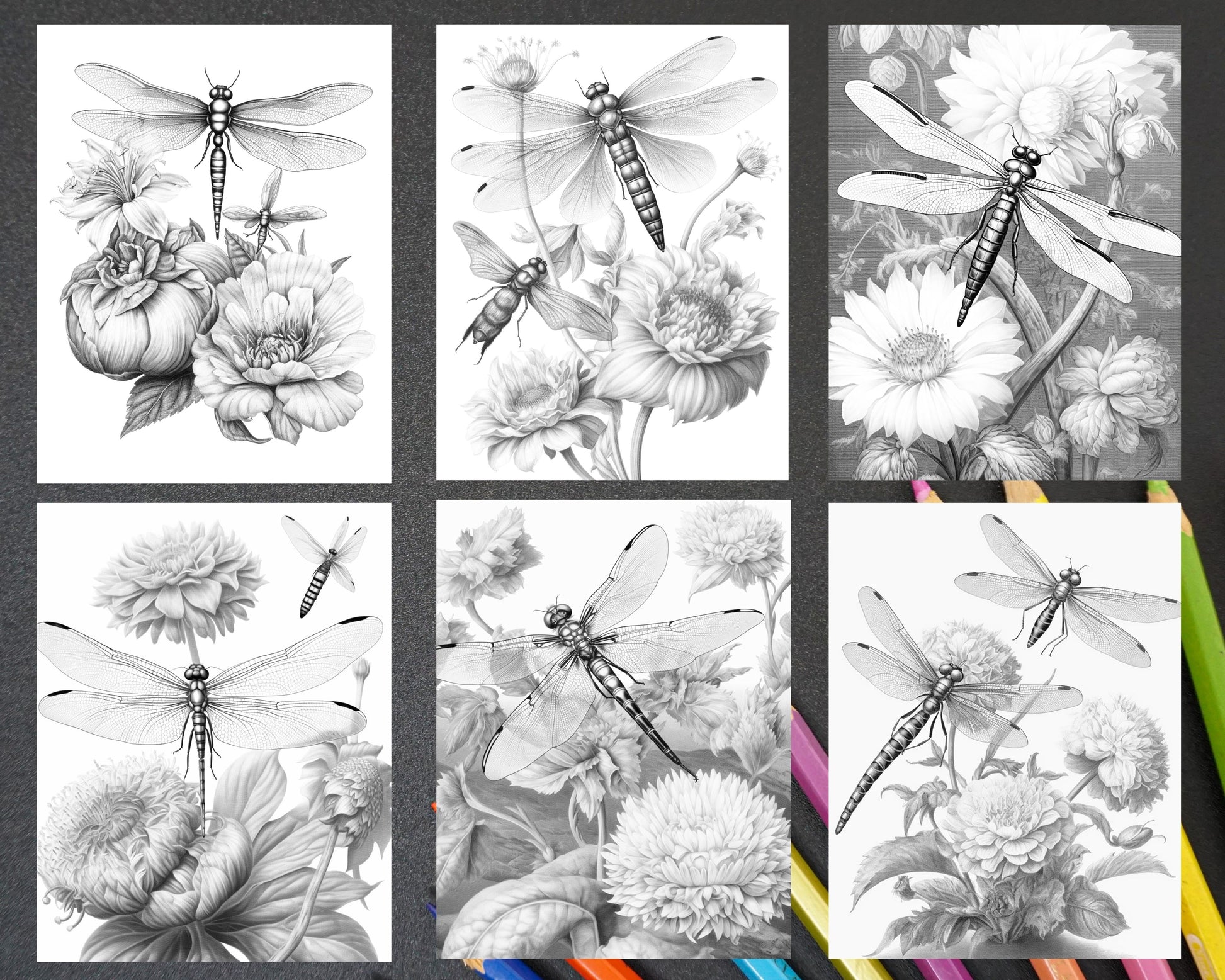 Vintage botanical dragonfly grayscale coloring pages printable for adu â coloring