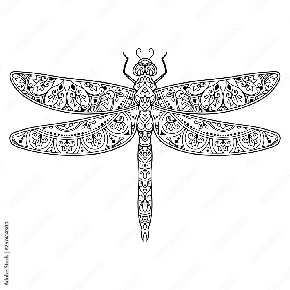 Dragonfly decorated with indian ethnic floral vintage pattern hand drawn decorative insect in doodle style stylized mehndi ornament for tattoo print cover book and coloring page vector