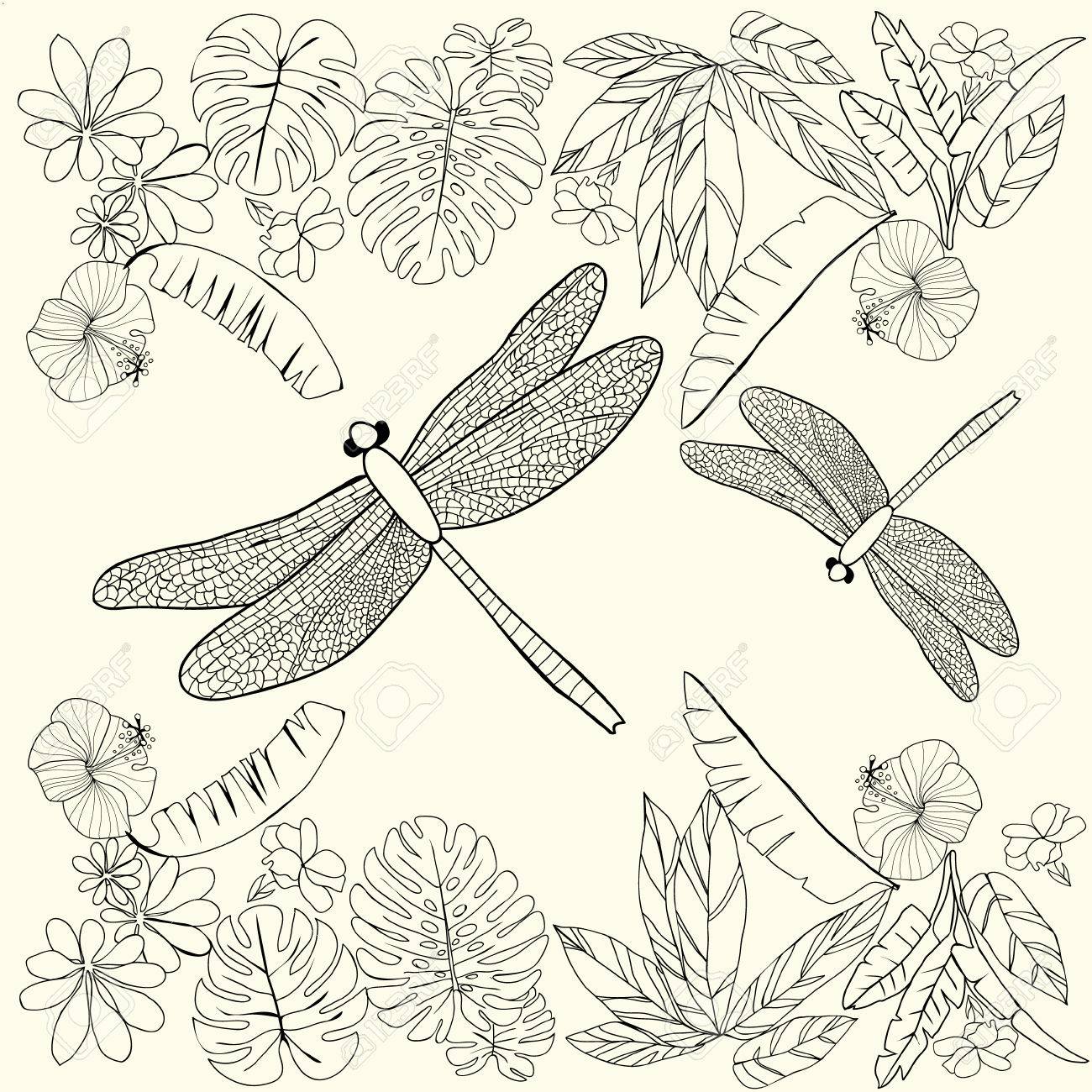 Hand drawn tropical flowers leaves and dragonflies coloring book for adult coloring page design template for card print template wallpaper texture royalty free svg cliparts vectors and stock illustration image