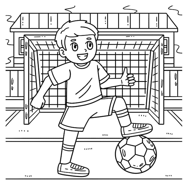 Premium vector a cute and funny coloring page of a boy with a foot on a soccer ball provides hours of coloring fun for children to color this page is very