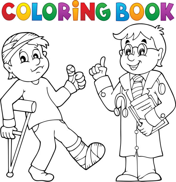 Coloring book with patient and doctor stock illustration