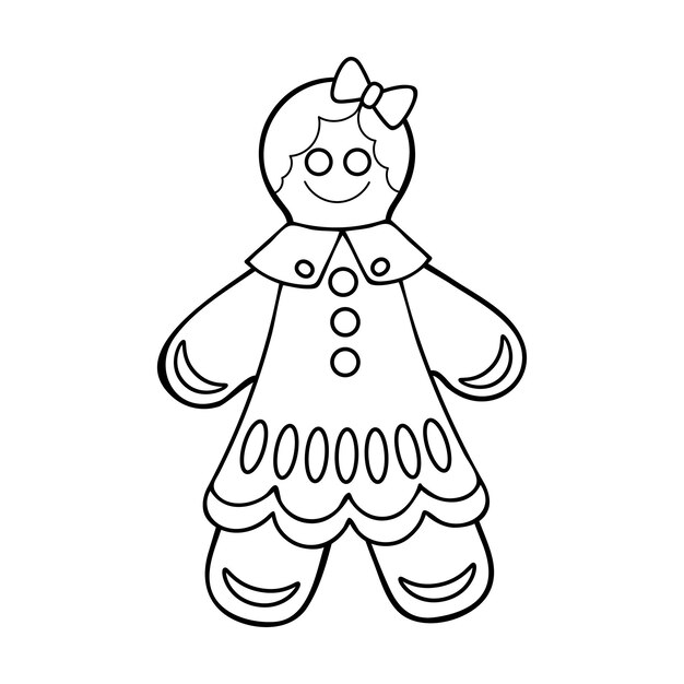 Premium vector coloring book gingerbread men christmas sweet happy new year character girl in dress hand drawn line art illustration coloring page for kids and adults