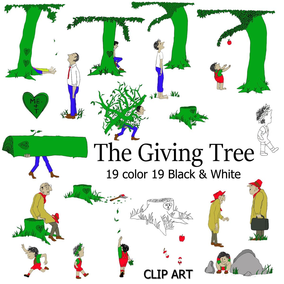 The giving tree storybook clipart set color and black and white images