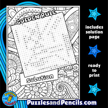 Golden rule word search puzzle activity page with coloring social conscience