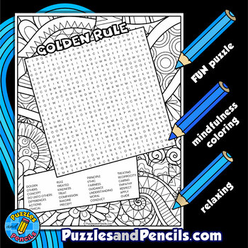 Golden rule word search puzzle activity page with coloring social conscience