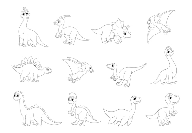 Premium vector outline dinosaurs trex and pterodactyl line dinos isolated on white prehistoric cartoon dinosaur children dino clipart vector coloring bundle of dinosaur animal illustration