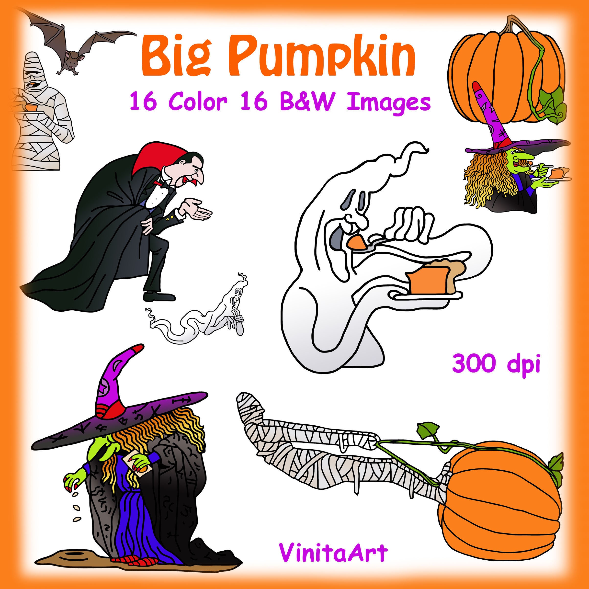 Halloween clipart big pumpkin storybook clip art printables digital stamps vampire mummy witch ghost