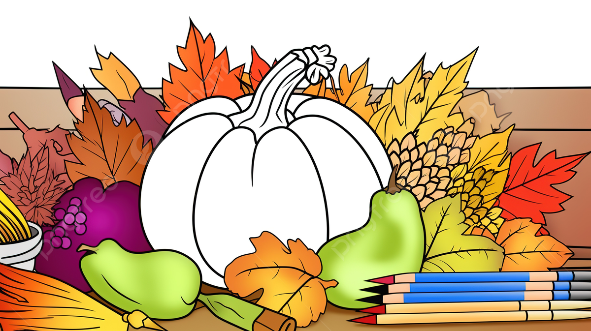 Big pumpkin and pencils on a table with coloring pages background happy thanksgiving picture to color background image and wallpaper for free download