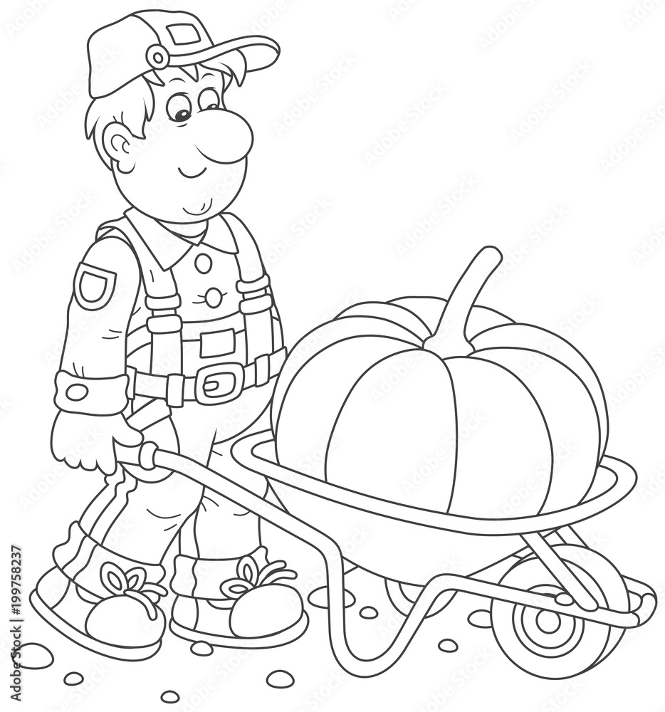 Smiling gardener carrying a big pumpkin in his barrow a black and white vector illustration in a cartoon style for a coloring book vector