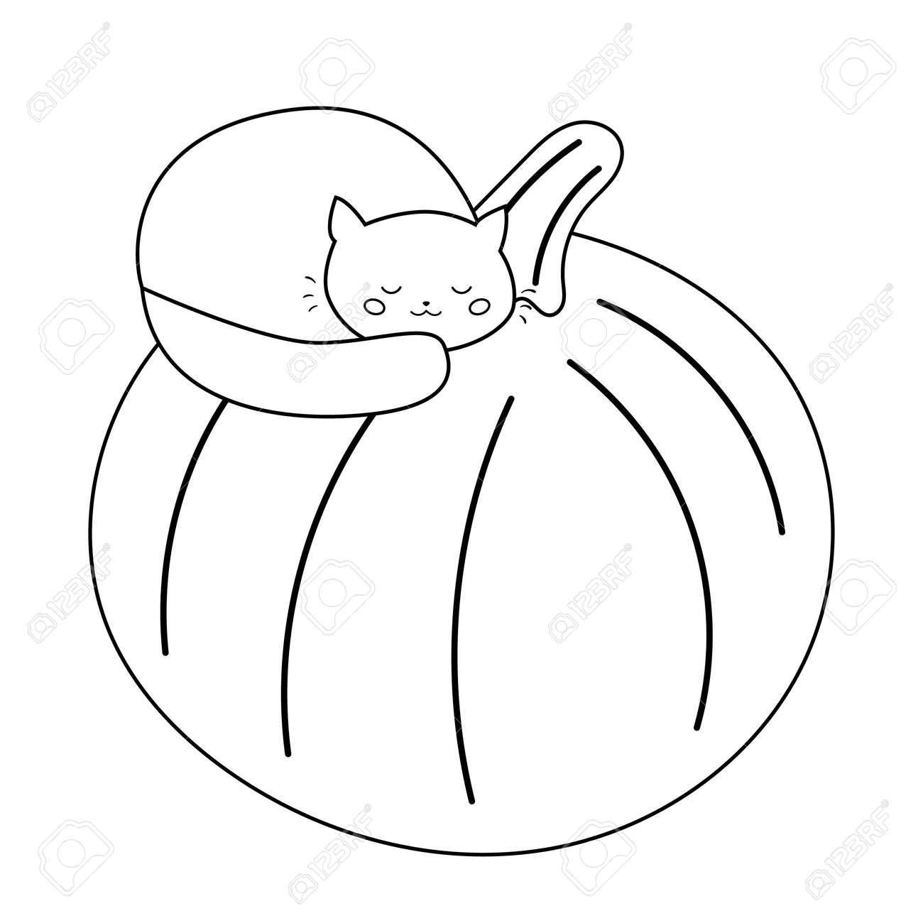 Cute cat is sleeping on big pumpkin halloween cartoon illustration for kids coloring page for preschoolers royalty free svg cliparts vectors and stock illustration image