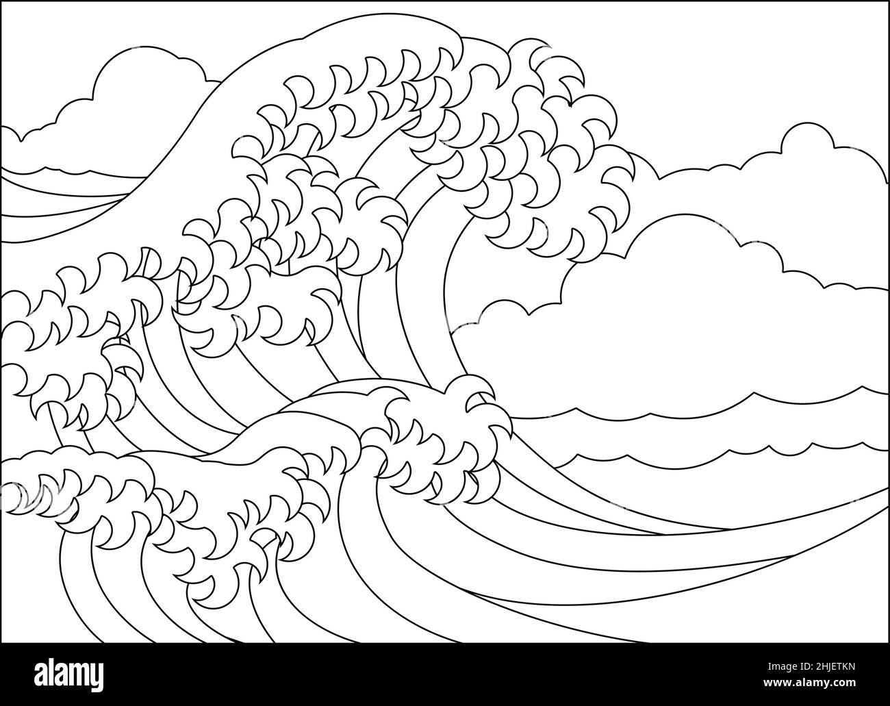 A japanese great wave outline coloring book page stock vector image art