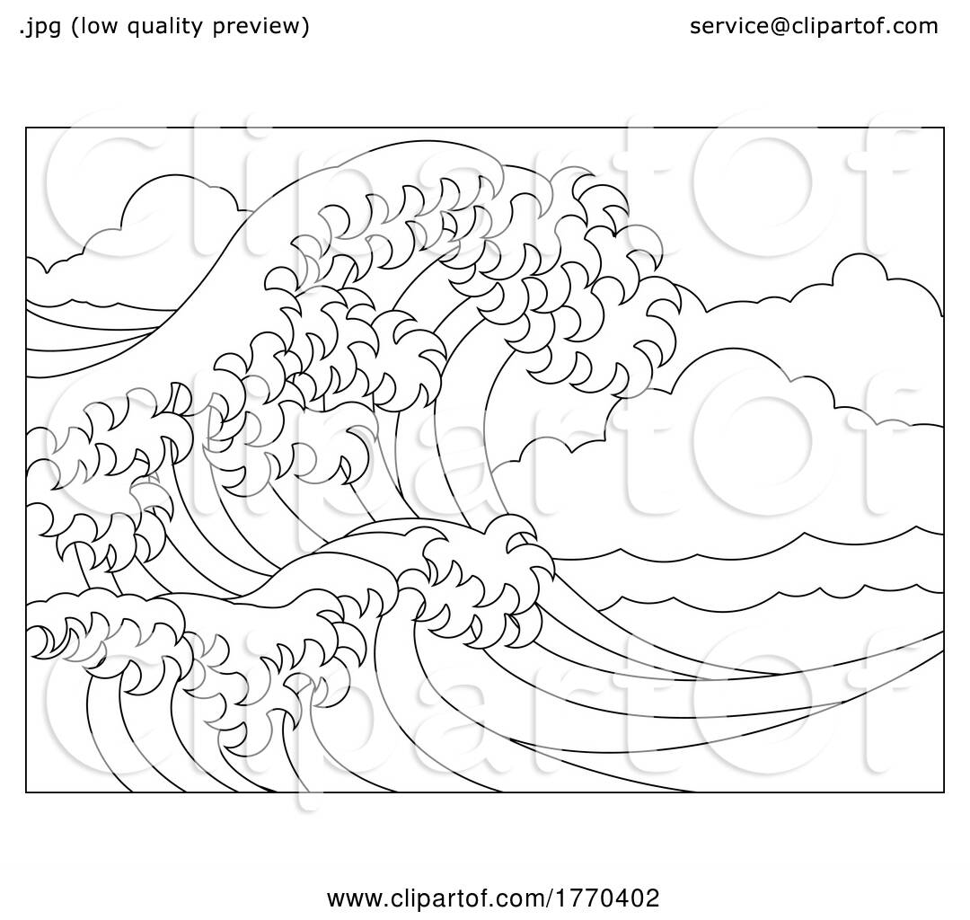 A japanese great wave outline coloring book page by atstockillustration
