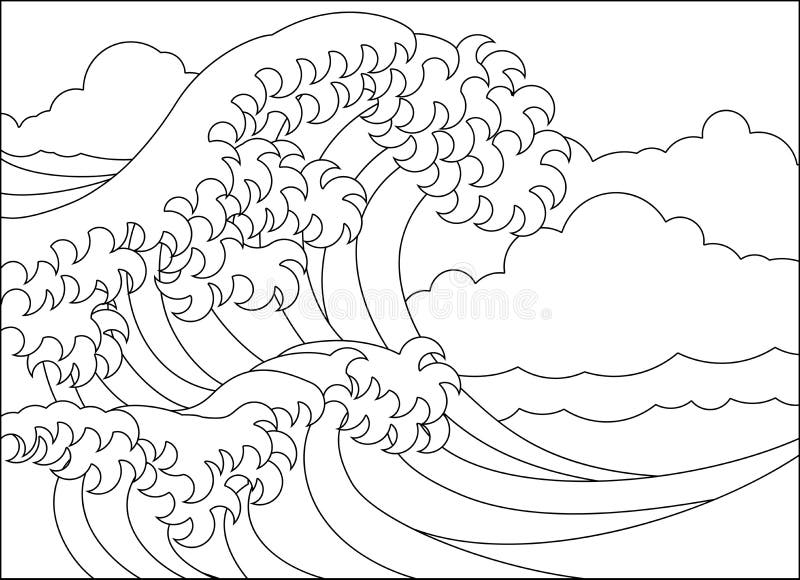 A japanese great wave outline coloring book page stock vector