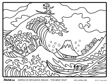 Coloring sheet famous artist hokusai japanese the great wave