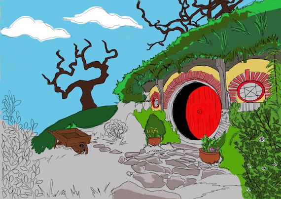 Adult coloring page hobbit house from lord of the rings