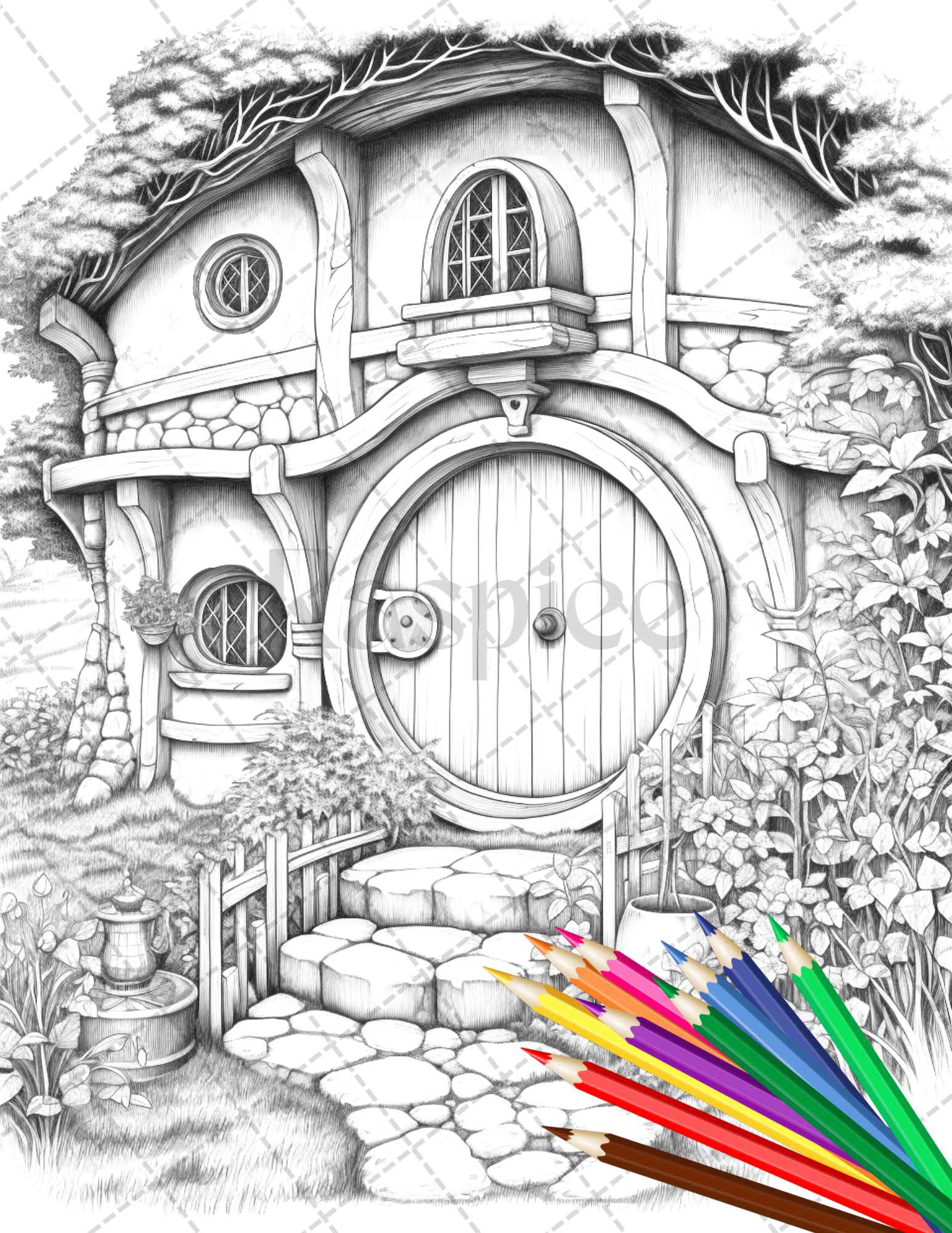 Enchanted hobbiton houses grayscale coloring pages printable for ad â coloring