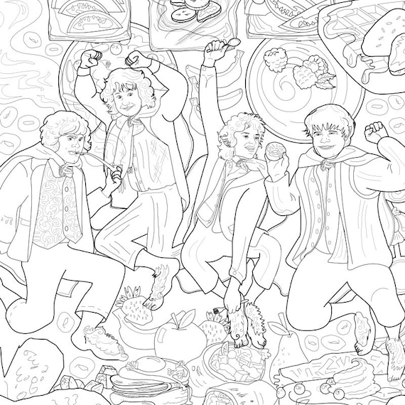 Hobbits and brunch funny printable pdf adult coloring sheet fellowship of the ring hobbit lord of the rings art print download