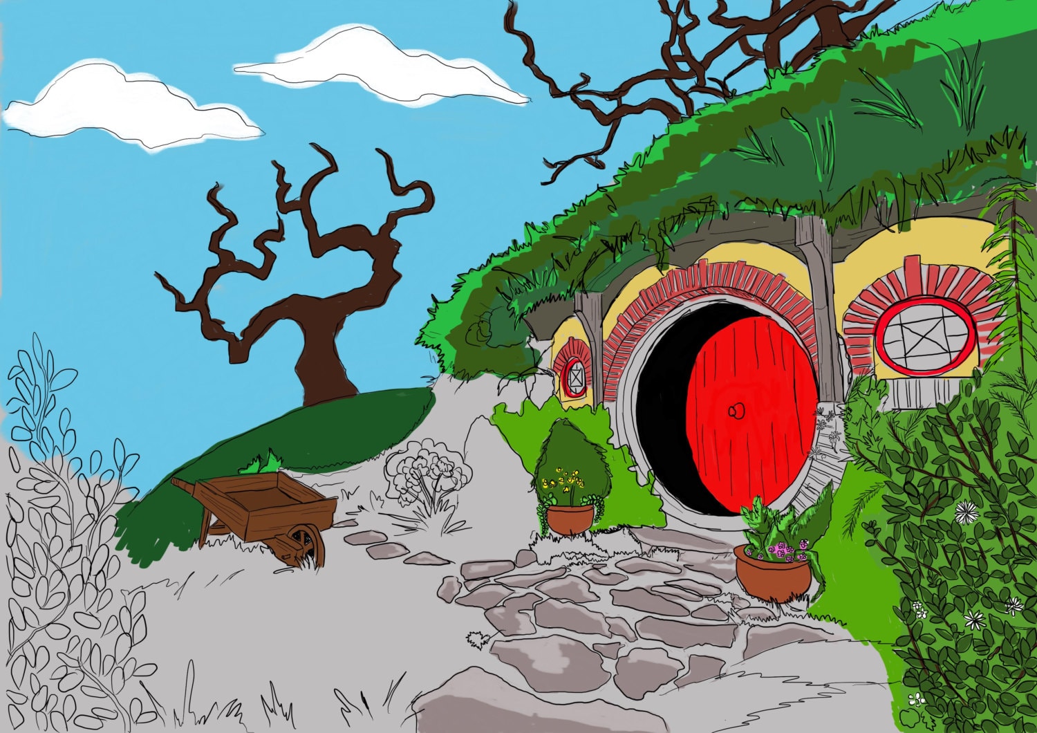 Adult coloring page hobbit house from lord of the rings
