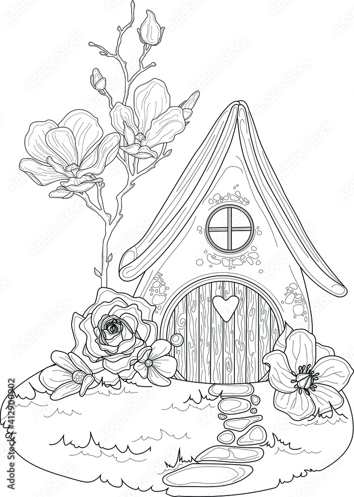 Cartoon fantasy graphic elf house with roses and magnolia flowers sketch template magic hobbit home vector illustration in black and white for games decor coloring paper page story book print vector
