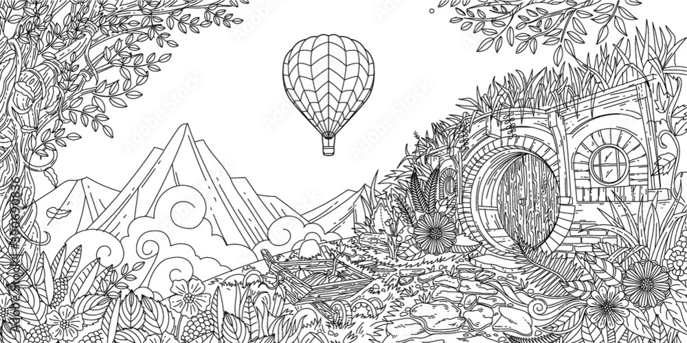 Outline hand drawn hot air balloon hobbit house new zealand adult coloring vector