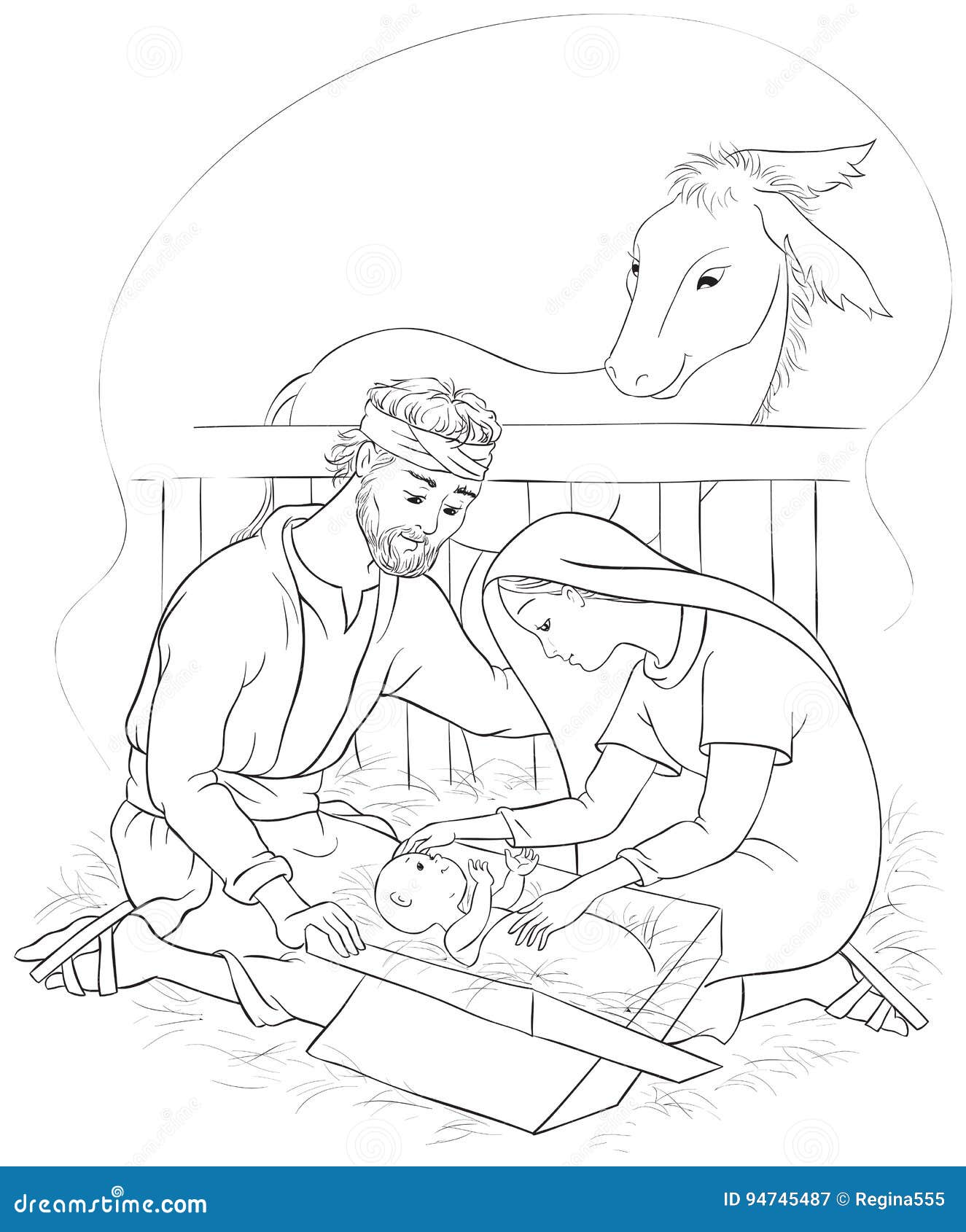 Nativity scene with holy family jesus mary and joseph coloring page stock vector