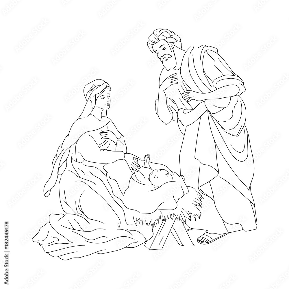 Vector coloring book christmas scene nativity holy family joseph mary and newborn jesus drawing in kids style vector