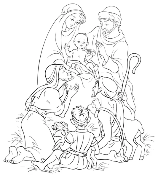 Outlined illustration of a nativity scene