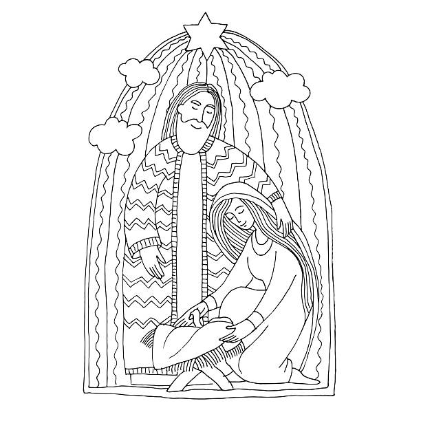 Coloring book holy family drawing in kids stile stock illustration