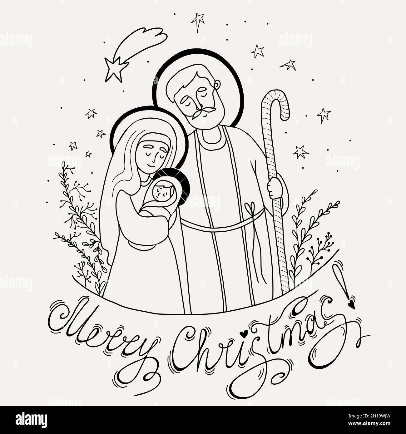 Nativity of jesus christ vector illustration of holy family of virgin mary joseph and baby jesus linear hand draw outline merry christmas stock vector image art
