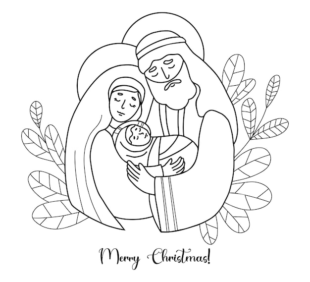 Premium vector holy family merry christmas virgin mary saint joseph baby jesus birth of savior christ hand drawing