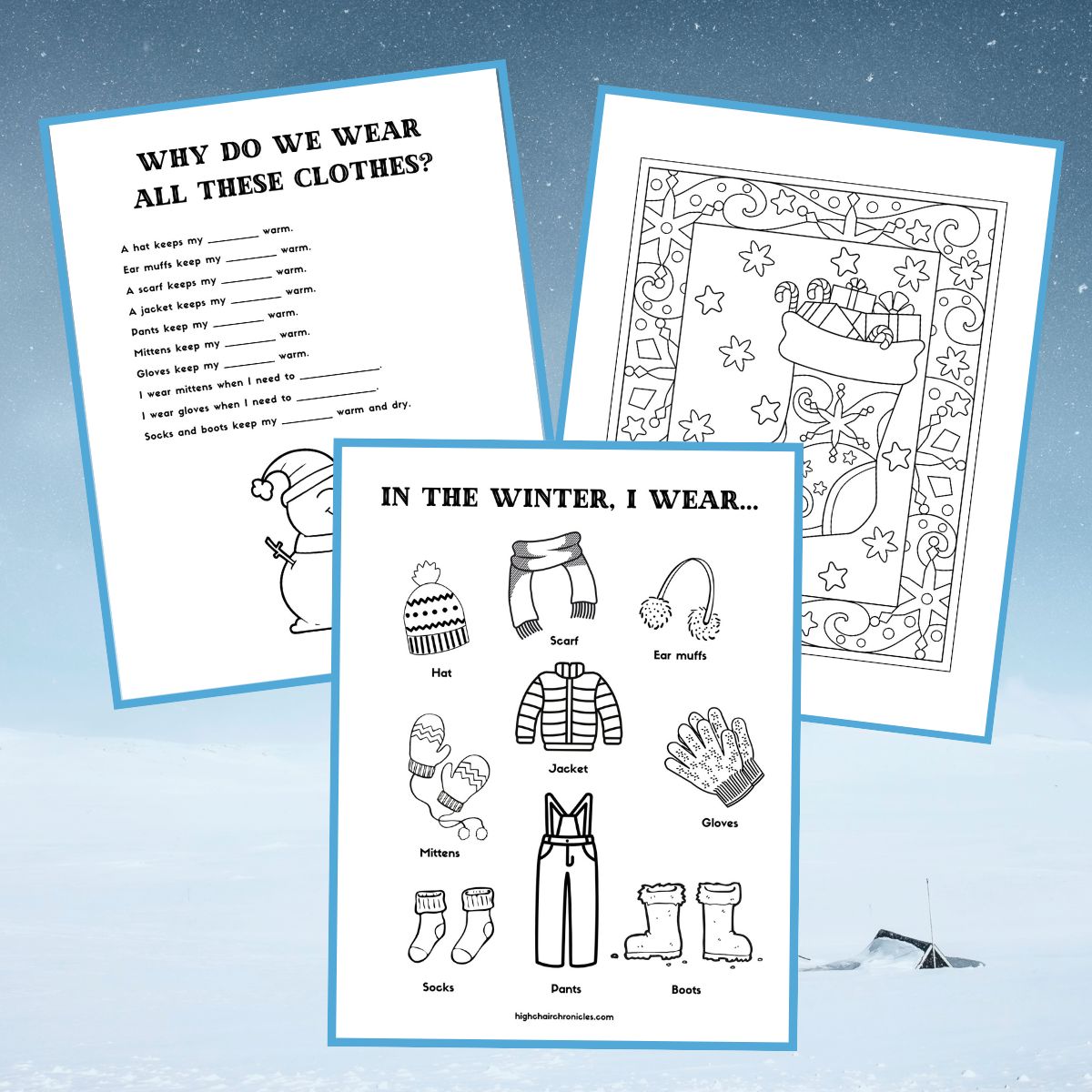 Winter clothes coloring pages for toddlers and preschoolers