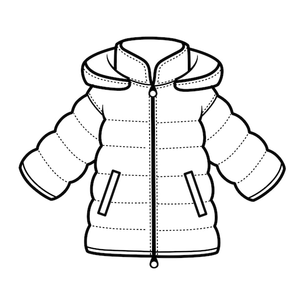 Premium vector padded downy winter jacket with hood outline for coloring on a white background