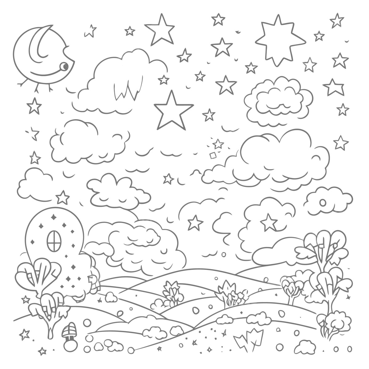 Night time coloring page with stars and clouds outline sketch drawing vector cloud drawing star drawing wing drawing png and vector with transparent background for free download