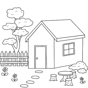 Premium vector house drawing illustration with village environment for children coloring book