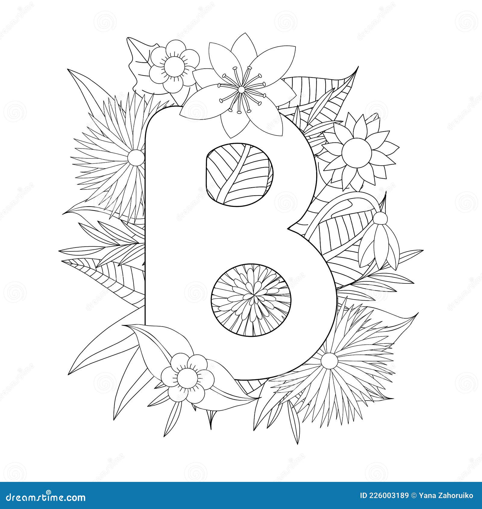 Letter b coloring page floral coloring stock vector