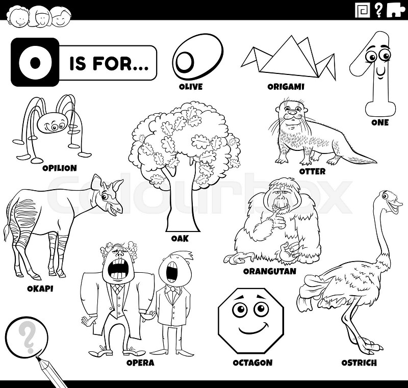 Letter o words educational set coloring book page stock vector