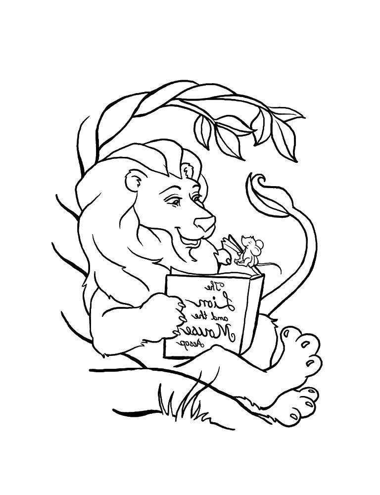 Online coloring pages coloring page the lion reads a book to the mouse leo download print coloring page