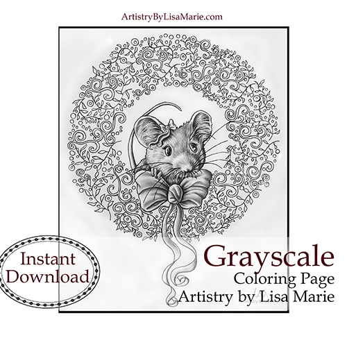 Mouse with christmas wreath printable coloring page â artistry by lisa marie