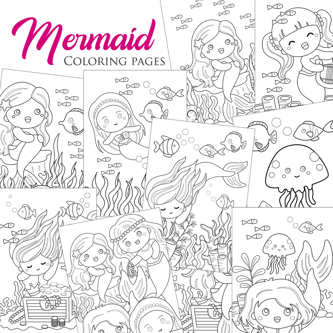 Cute swimming little mermaid cartoon coloring pages for kids and adult