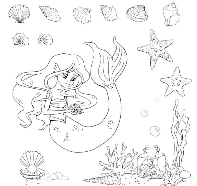 The little mermaid is holding a bunch of seashells coloring page