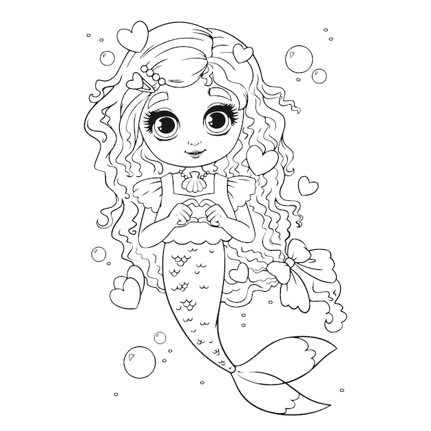 Premium vector cute little mermaid shows gesture with hands in the form of a heart coloring book valentine s day