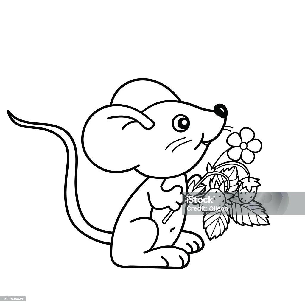 Coloring page outline of little mouse with strawberries for kids stock illustration