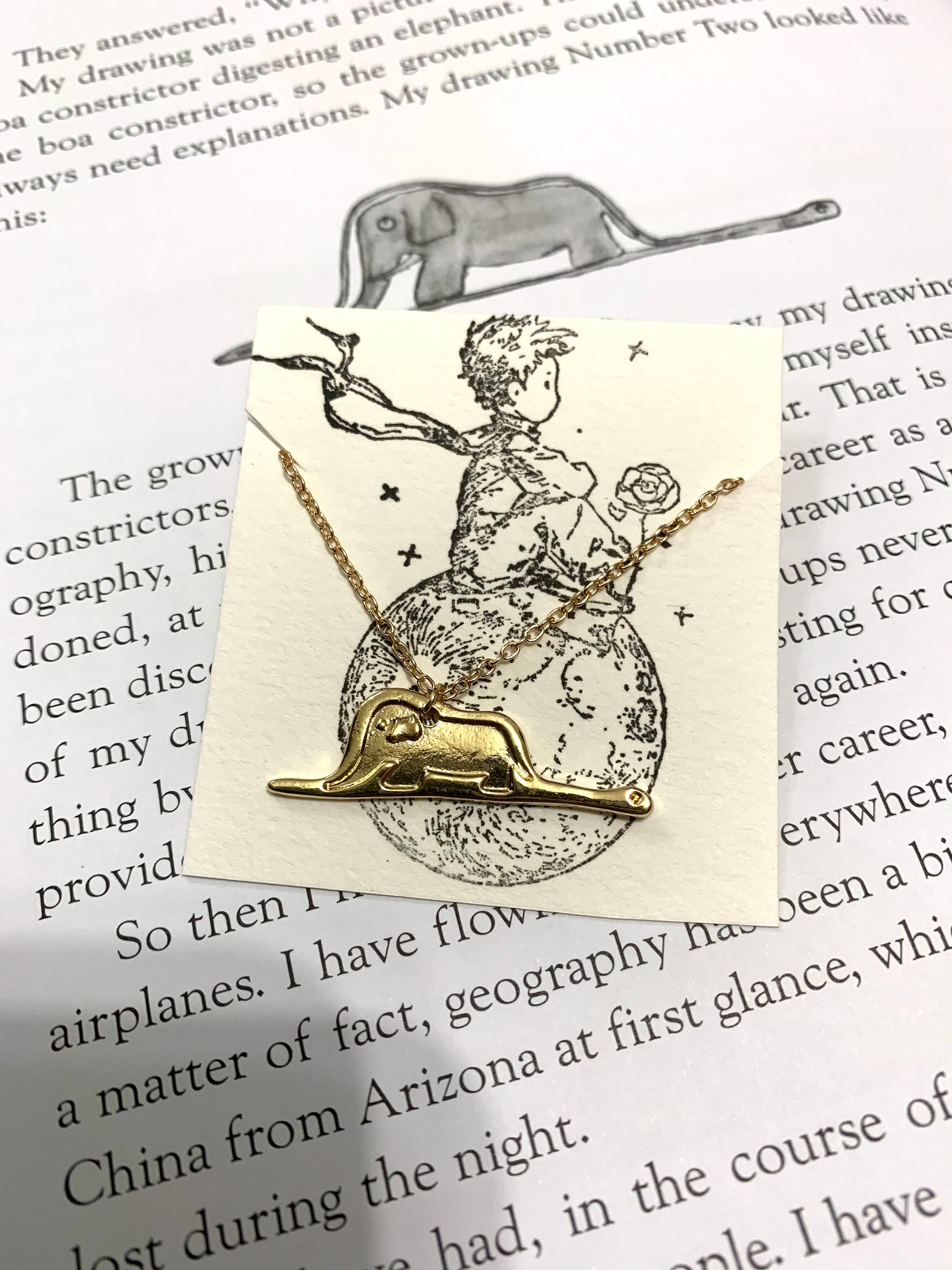 The little prince boa constrictor and elephant necklace gold or silver