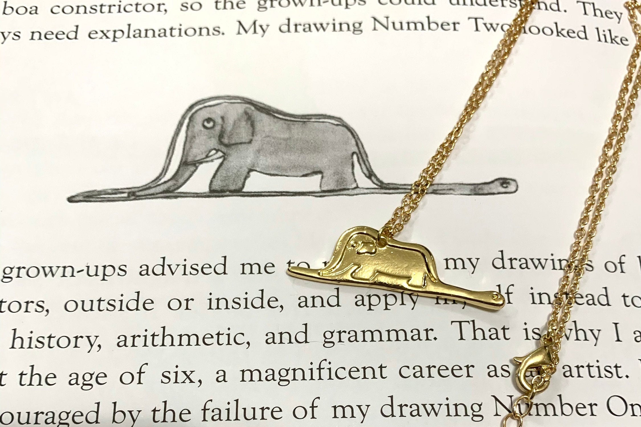 The little prince boa constrictor and elephant necklace gold or silver