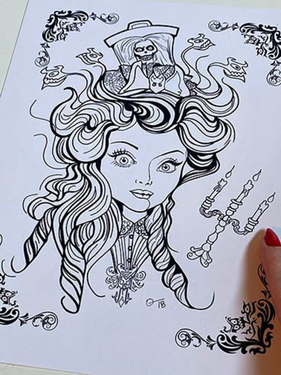 Instant download coloring book haunted mansion maid