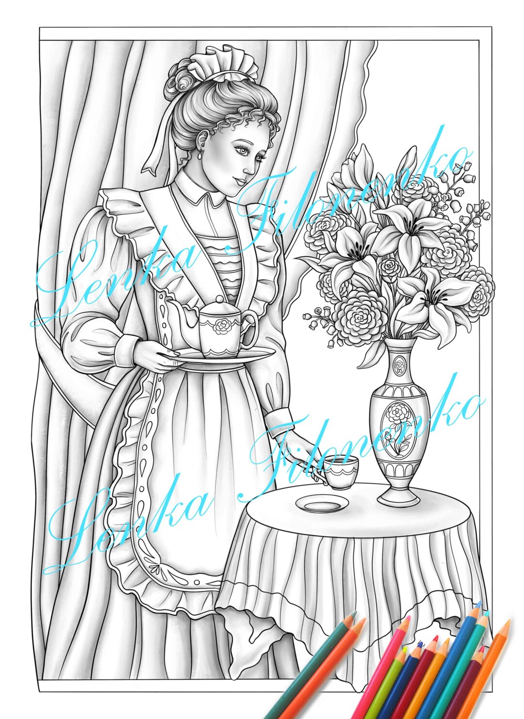 Coloring page for adults victorian lady grey scale victorian maid coloring for adults pdf download and print