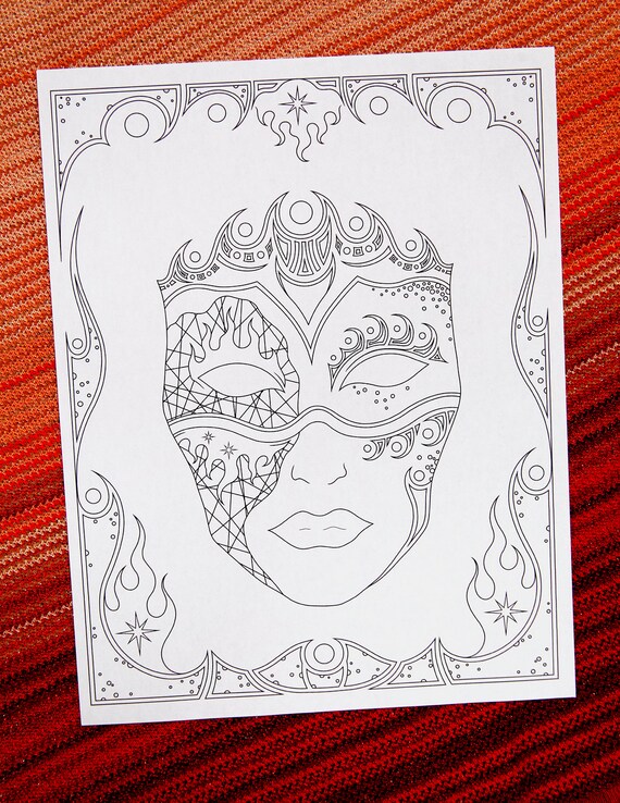 Adult coloring page mask masquerade woman queen empress duality fantasy instant download printable digital stamp