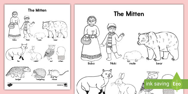 The mitten story words coloring page teacher made