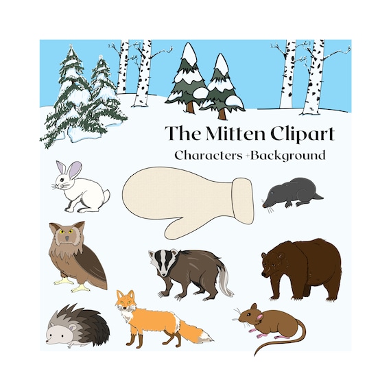 The mitten by jan brett characters mitten and background clipart piece set color black line personal and mercial use